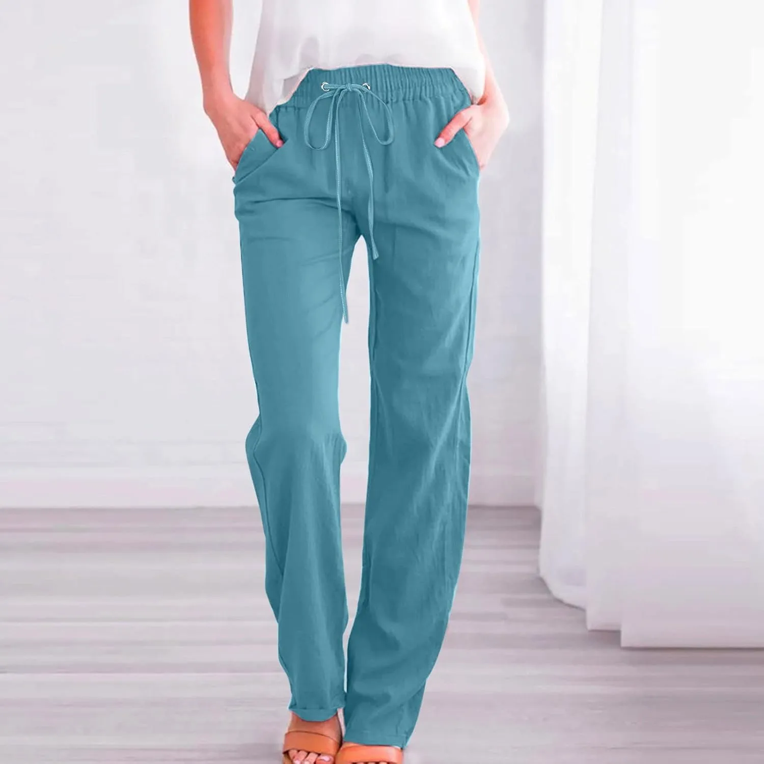 Womens Linen Summer Drawstring Palazzo Pants High Waist Bootcut Loose Fit Pant Trousers Work Business
