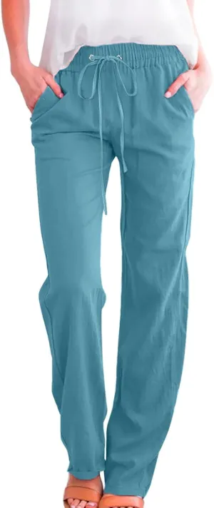 Womens Linen Summer Drawstring Palazzo Pants High Waist Bootcut Loose Fit Pant Trousers Work Business