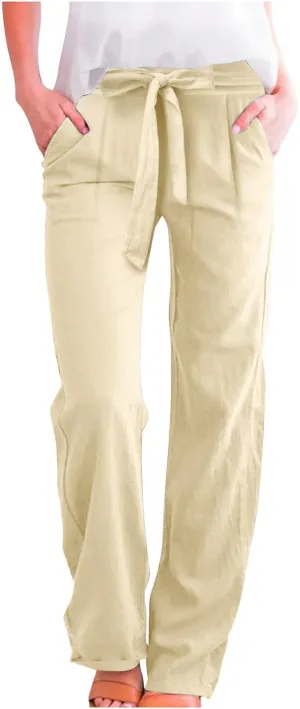 Womens Linen Summer Flowy Pants Elastic Waist Lounge Pants Slim Fit Trouser Travel