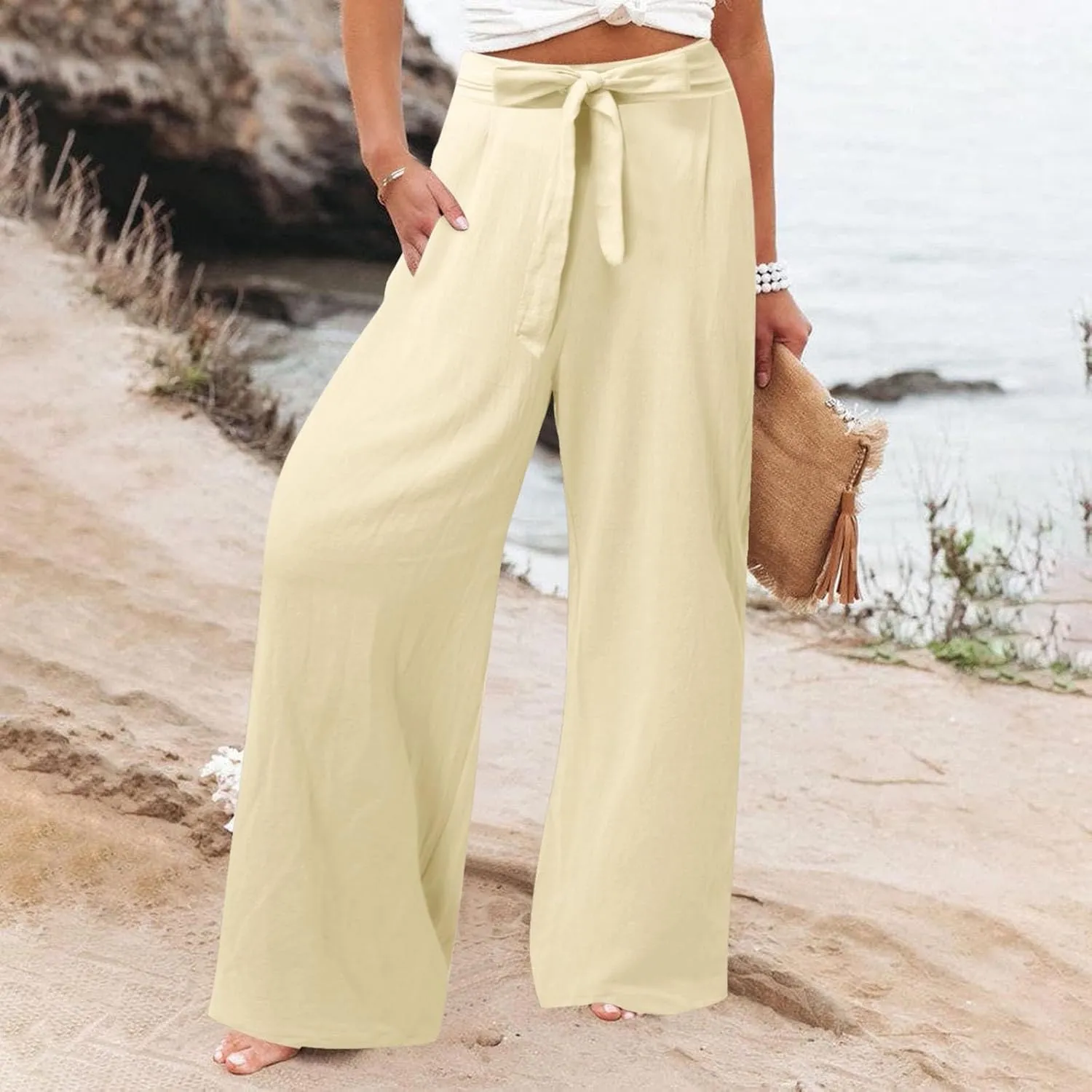 Womens Linen Summer Flowy Pants Elastic Waist Lounge Pants Slim Fit Trouser Travel
