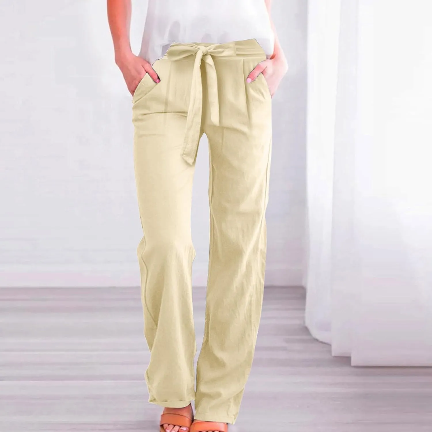 Womens Linen Summer Flowy Pants Elastic Waist Lounge Pants Slim Fit Trouser Travel