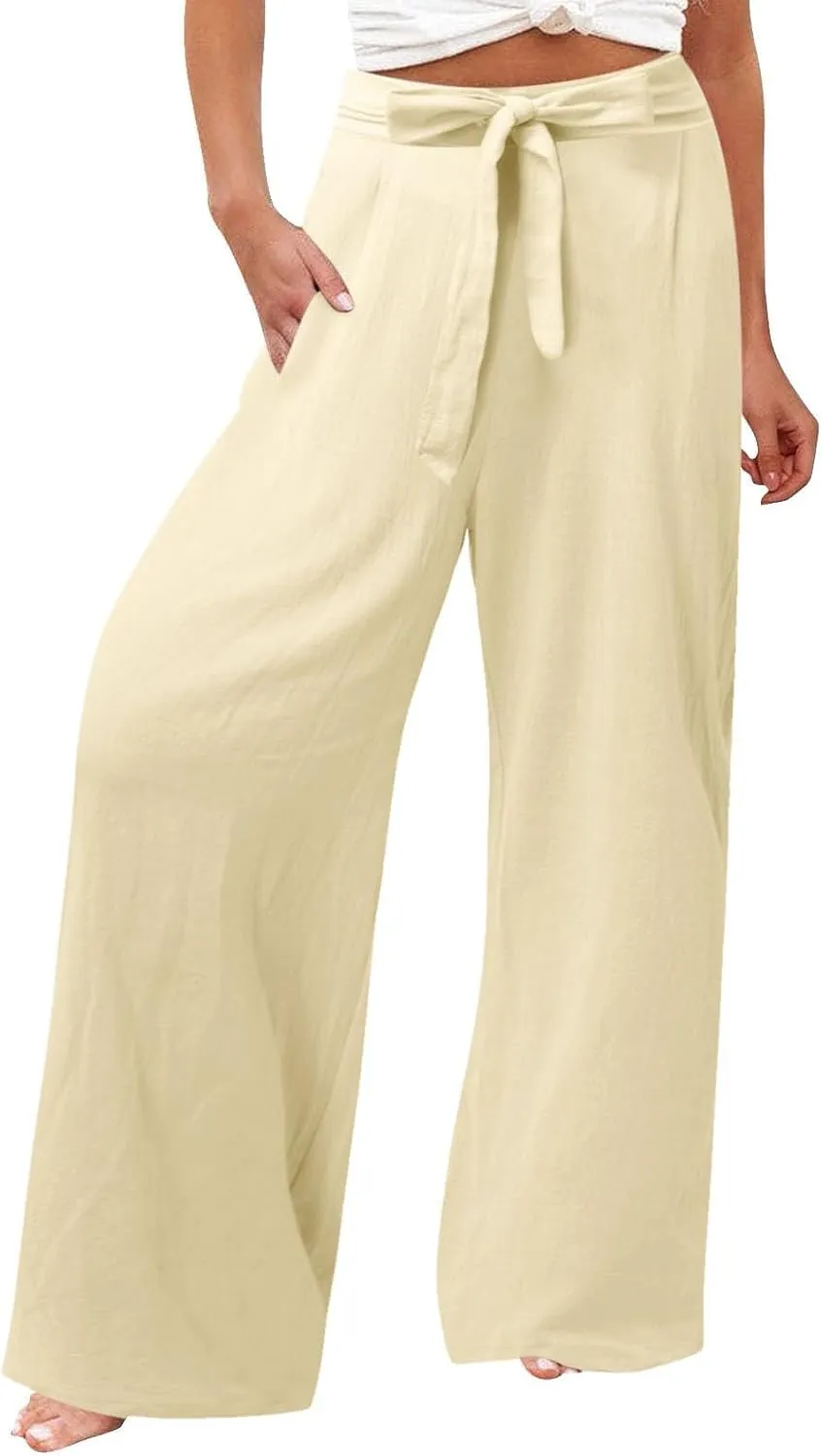Womens Linen Summer Flowy Pants Elastic Waist Lounge Pants Slim Fit Trouser Travel