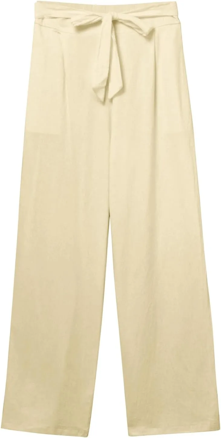 Womens Linen Summer Flowy Pants Elastic Waist Lounge Pants Slim Fit Trouser Travel