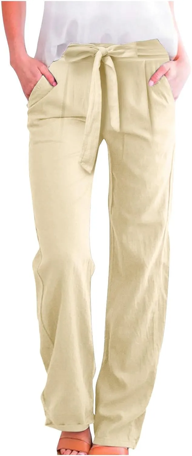 Womens Linen Summer Flowy Pants Elastic Waist Lounge Pants Slim Fit Trouser Travel