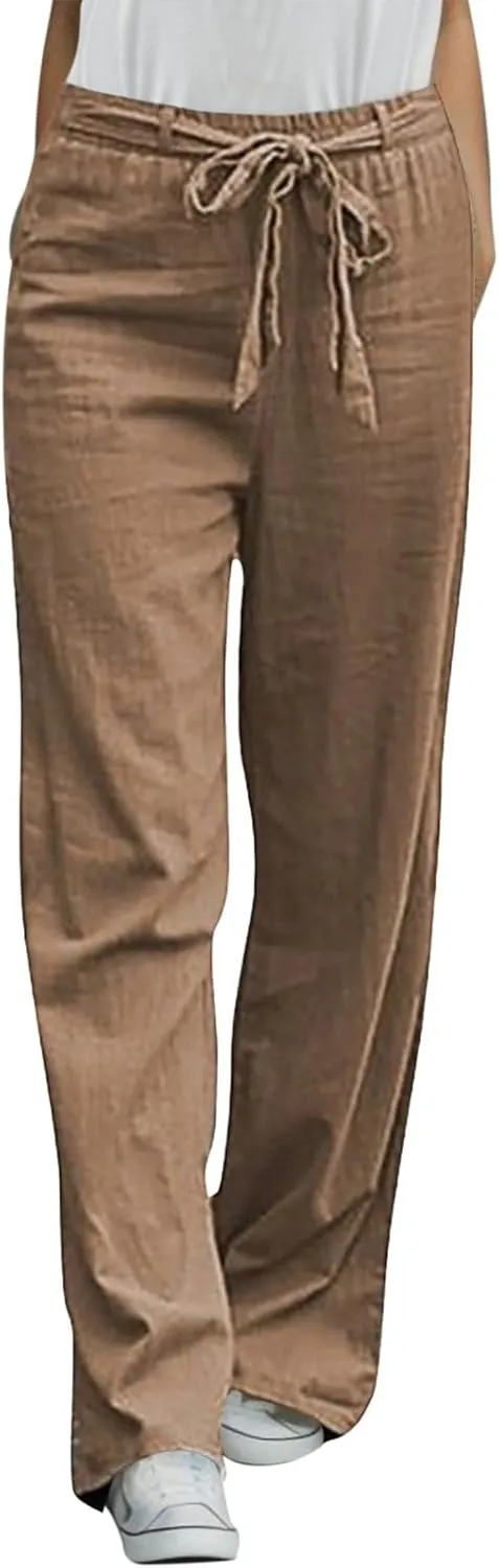 Women's Linen Summer Solid Palazzo Pants Elastic Waist Wide Leg Loose Fit Trouser Office