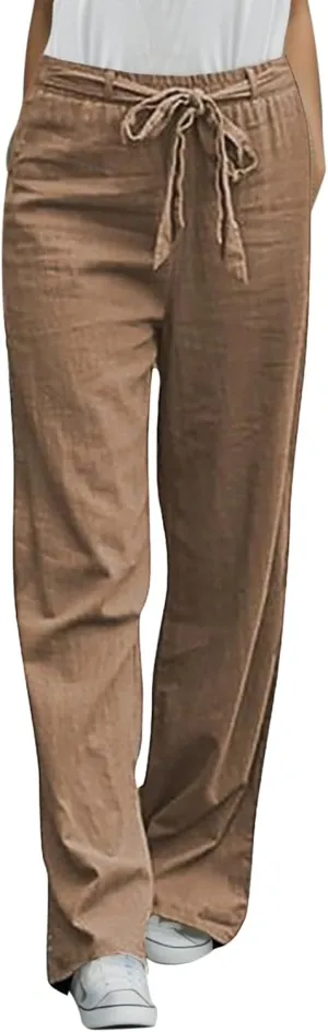 Women's Linen Summer Solid Palazzo Pants Elastic Waist Wide Leg Loose Fit Trouser Office