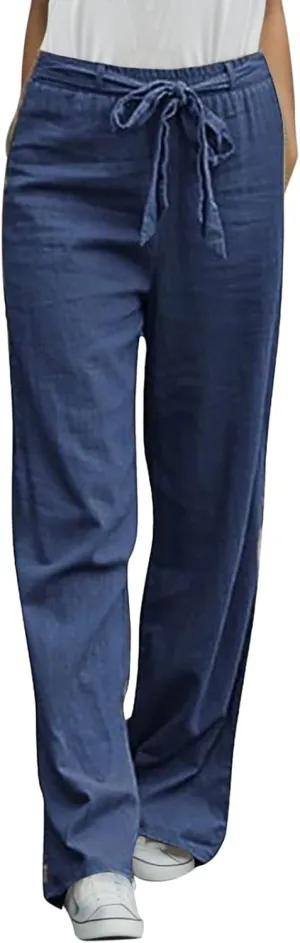 Women's Linen Summer Split Flowy Palazzo Pants Elastic Waist Long Lounge Slim-Fit Palazzo Pants Vacation