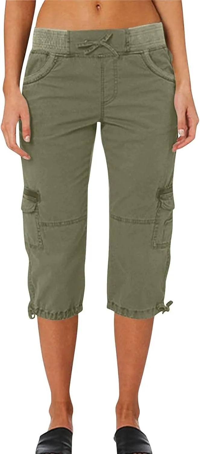 Women's Pants, High Waist Wide Leg Capri Pants with Pockets Workout Cropped