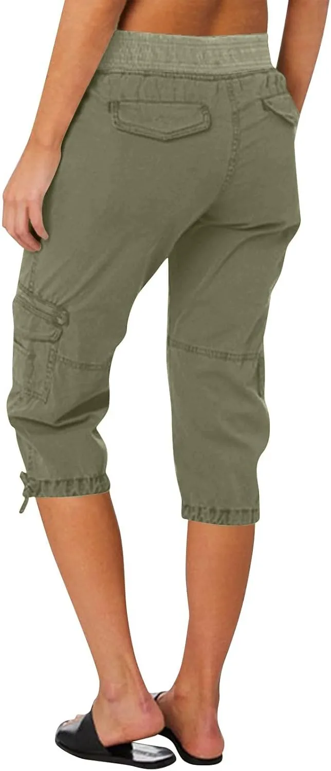 Women's Pants, High Waist Wide Leg Capri Pants with Pockets Workout Cropped