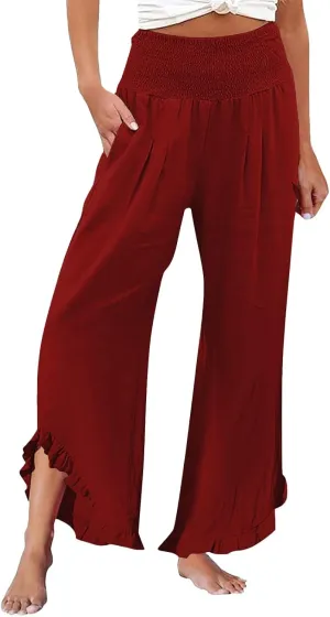 Women's Pleated Cotton Linen Straight Trousers Summer Wide Leg High Waisted Trouser Causal Pants with Irregular Pants Legs