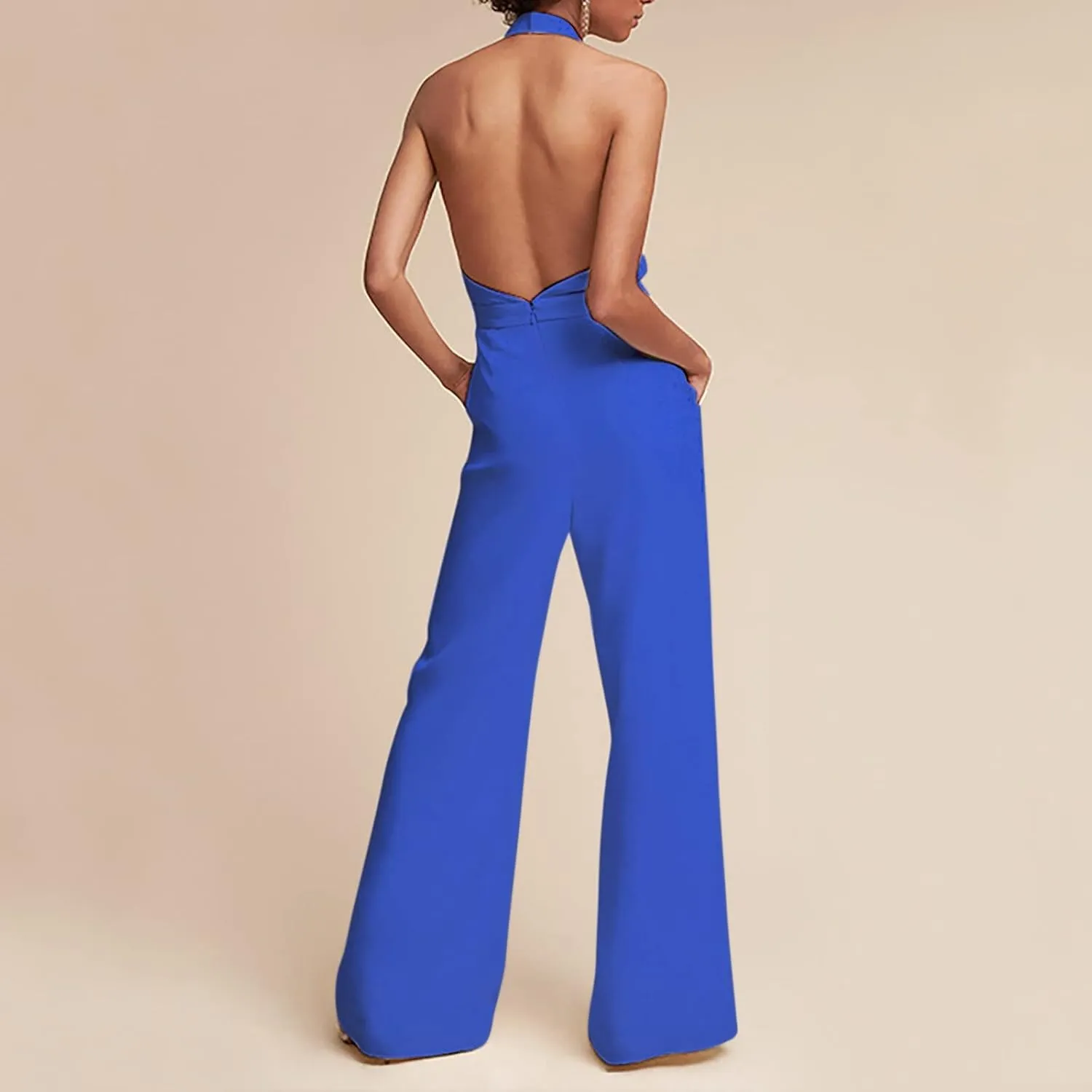Women's Sexy Deep V Neck Halter Jumpsuits High Waist Wide Leg Long Pants Wedding Rompers Overalls with Pockets