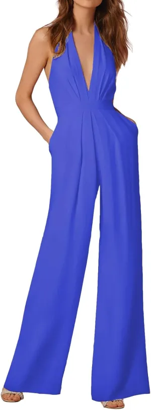 Women's Sexy Deep V Neck Halter Jumpsuits High Waist Wide Leg Long Pants Wedding Rompers Overalls with Pockets