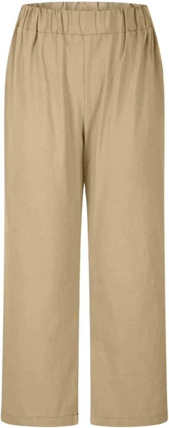 Women's Solid Cotton Linen Straight Pants Casual Loose Elastic Waist Wide Leg Trousers Summer Lounge Palazzo Beach Pants