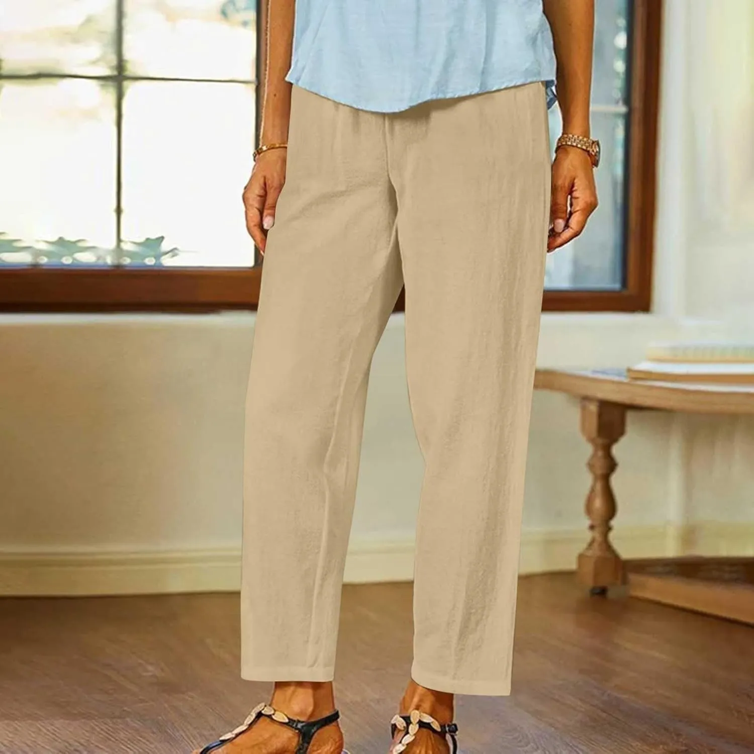 Women's Solid Cotton Linen Straight Pants Casual Loose Elastic Waist Wide Leg Trousers Summer Lounge Palazzo Beach Pants