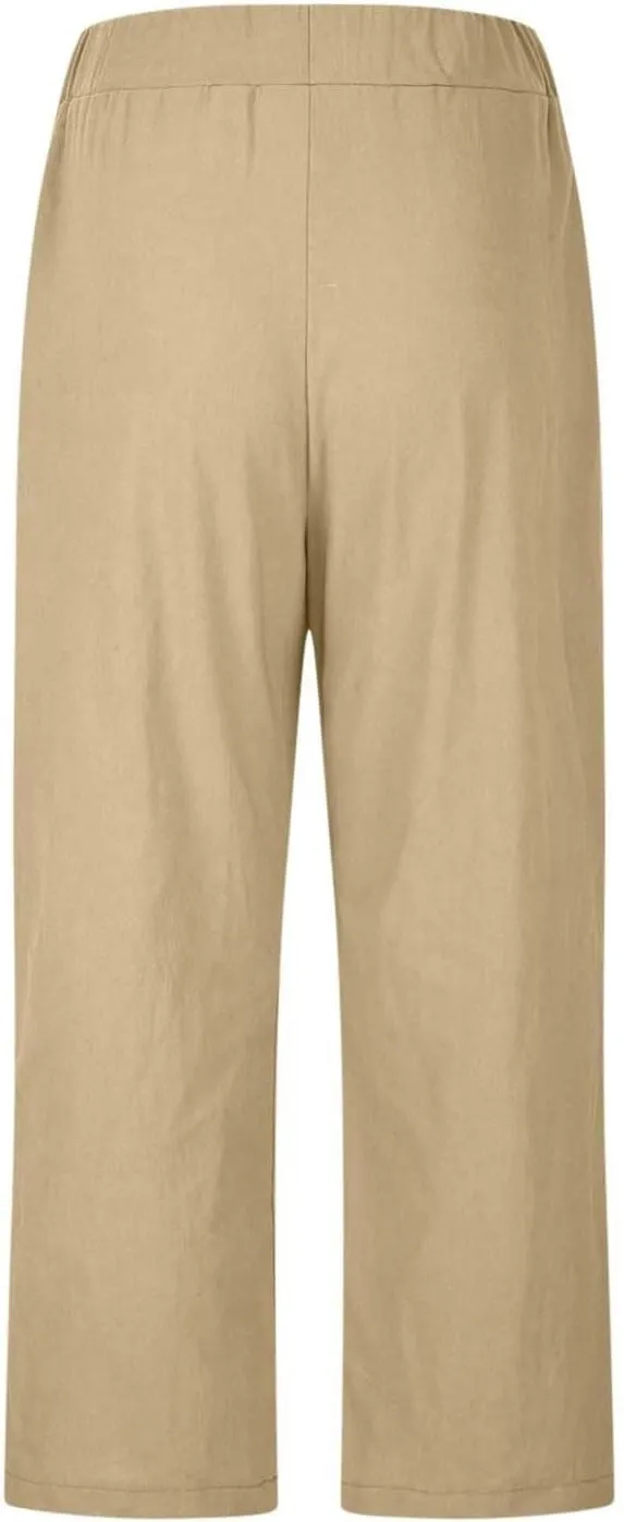 Women's Solid Cotton Linen Straight Pants Casual Loose Elastic Waist Wide Leg Trousers Summer Lounge Palazzo Beach Pants