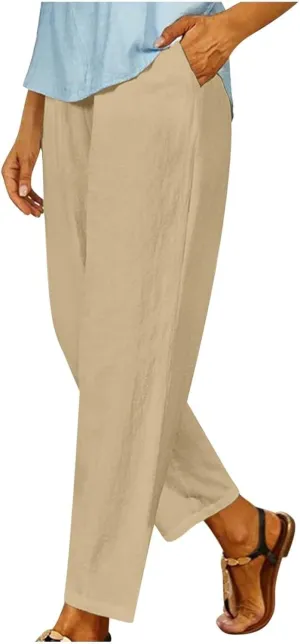 Women's Solid Cotton Linen Straight Pants Casual Loose Elastic Waist Wide Leg Trousers Summer Lounge Palazzo Beach Pants