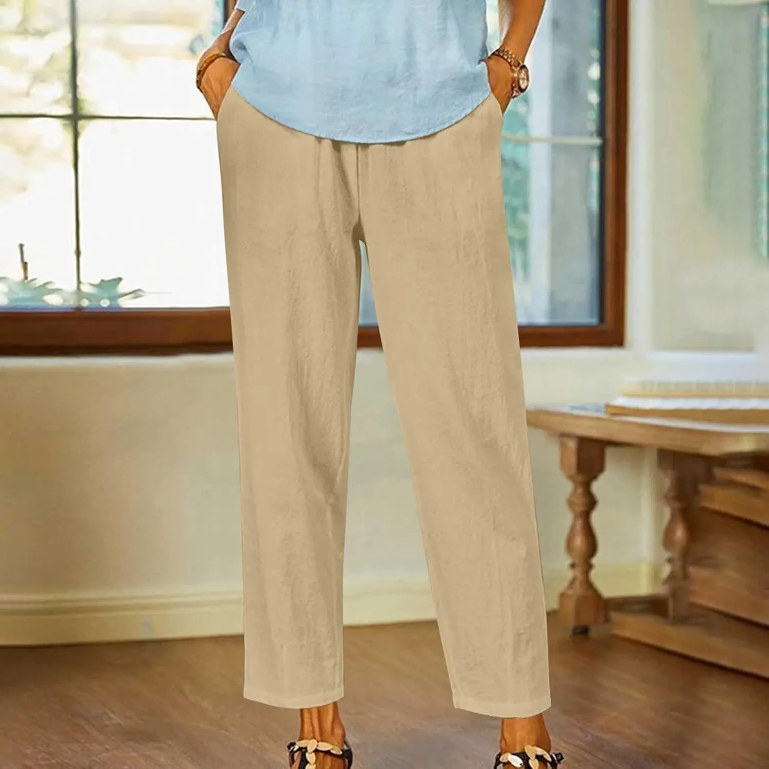 Women's Solid Cotton Linen Straight Pants Casual Loose Elastic Waist Wide Leg Trousers Summer Lounge Palazzo Beach Pants