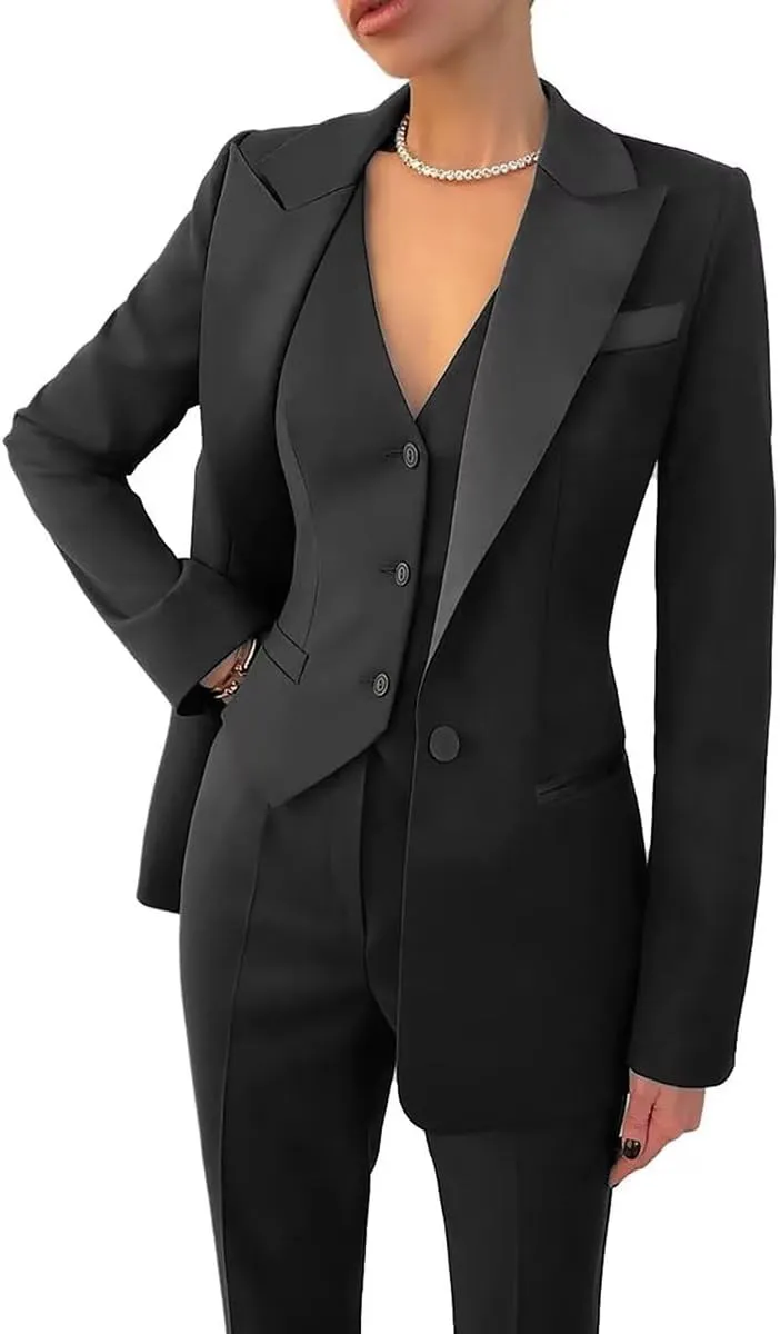 Women's Suiting 3 Piece Suit Set for Women Business Work Solid Notched Lapel Suit Blazer Pants Set Office Lady Outfits Suit