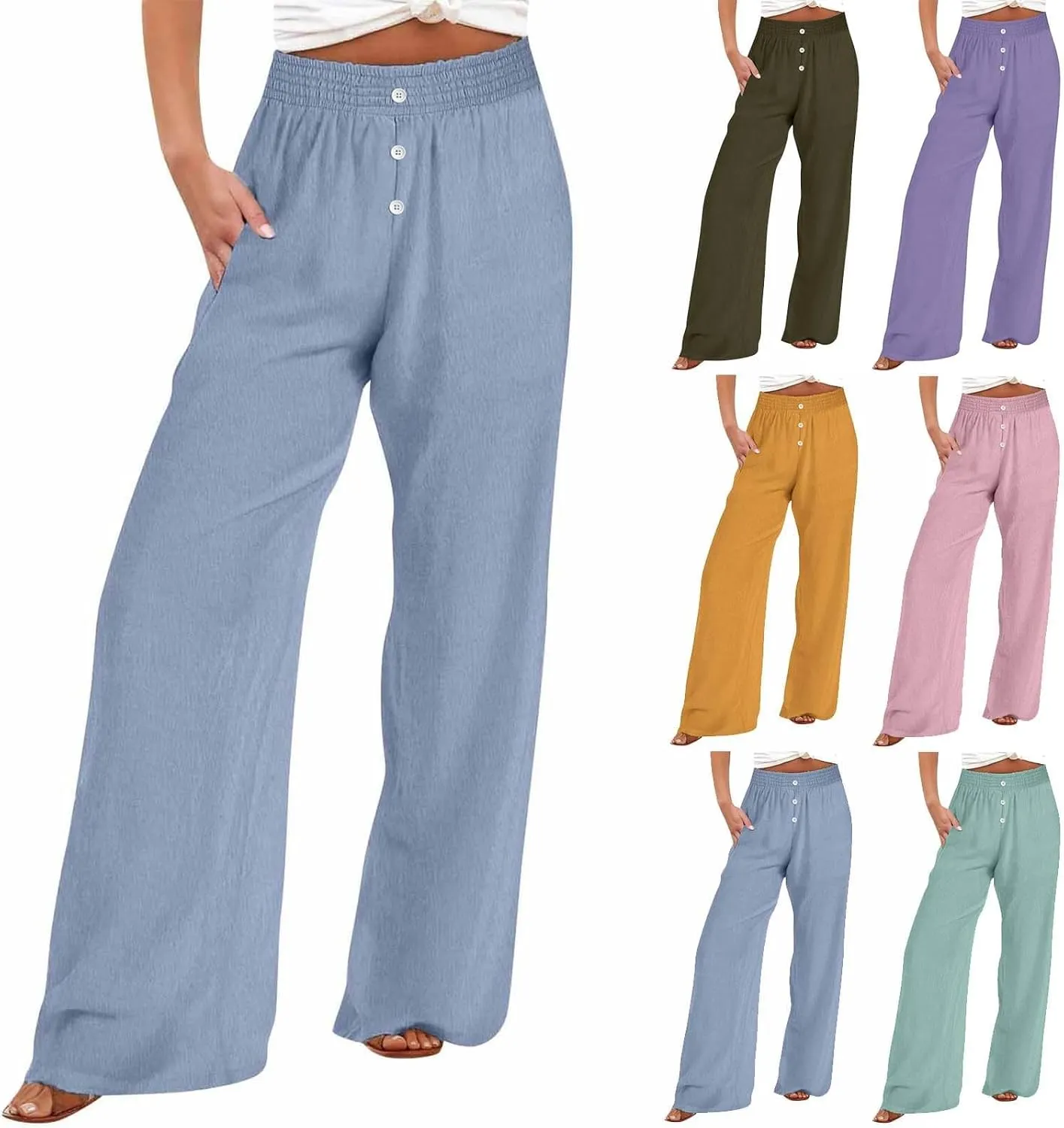 Womens Wide Leg Palazzo Pants Cotton-Linen High Waisted Button Trousers Summer Casual Long Lounge Pant