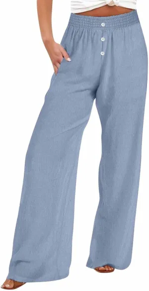 Womens Wide Leg Palazzo Pants Cotton-Linen High Waisted Button Trousers Summer Casual Long Lounge Pant