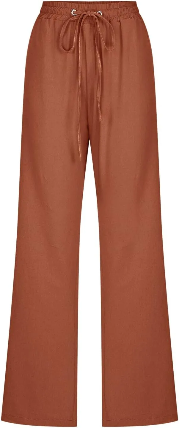 Women's Wide Leg Trousers Drawstring Causal Solid Color Long Pants Summer Comfy Classic Basic Lounge Pants with Pockets