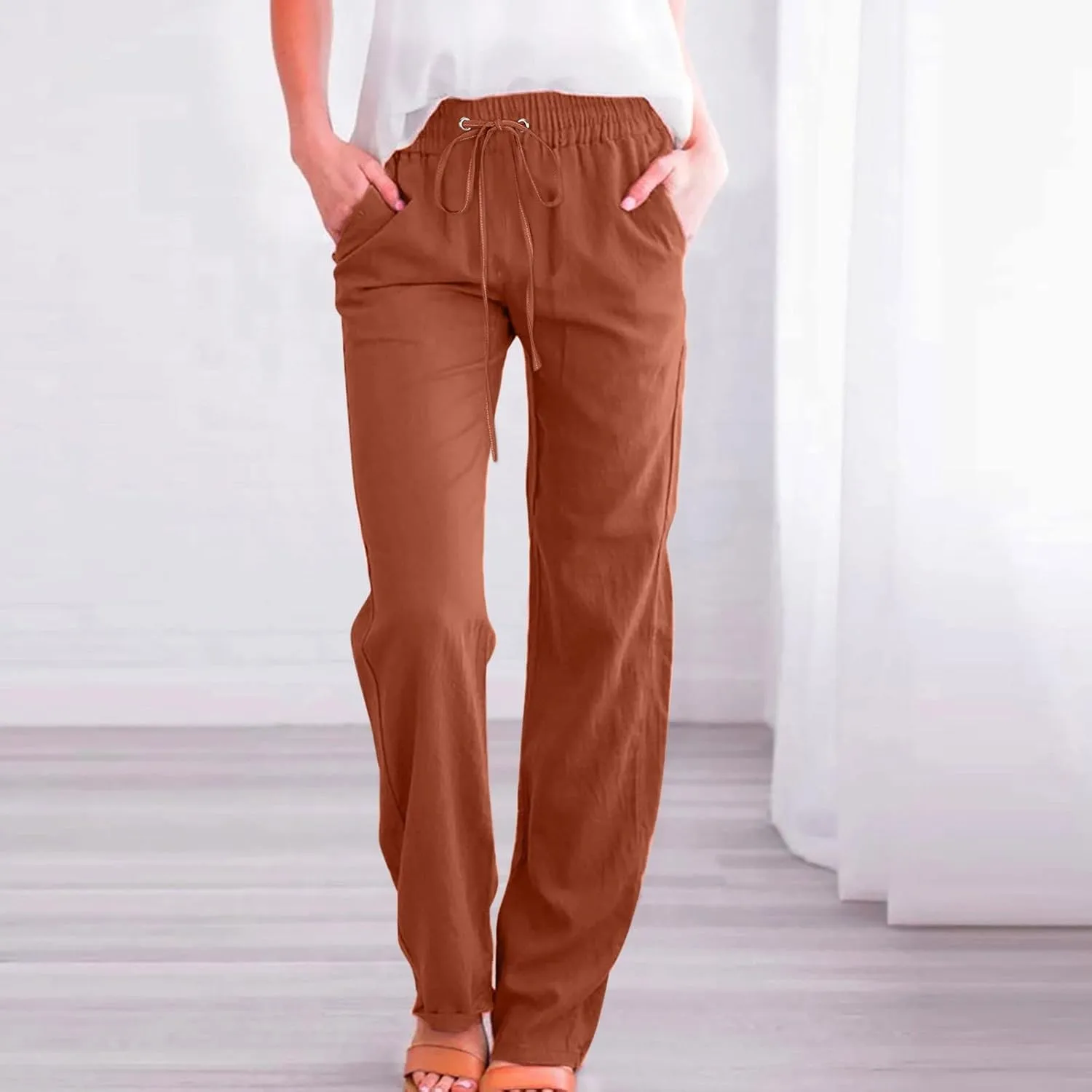 Women's Wide Leg Trousers Drawstring Causal Solid Color Long Pants Summer Comfy Classic Basic Lounge Pants with Pockets