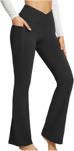 Women's Yoga Pants with Pockets Yoga Suit Long Crossover High Waisted Flare Leggings Tummy Control Workout Casual Pant