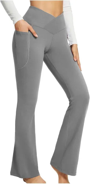 Women's Yoga Pants with Pockets Yoga Suit Long Crossover High Waisted Flare Leggings Tummy Control Workout Casual Pant