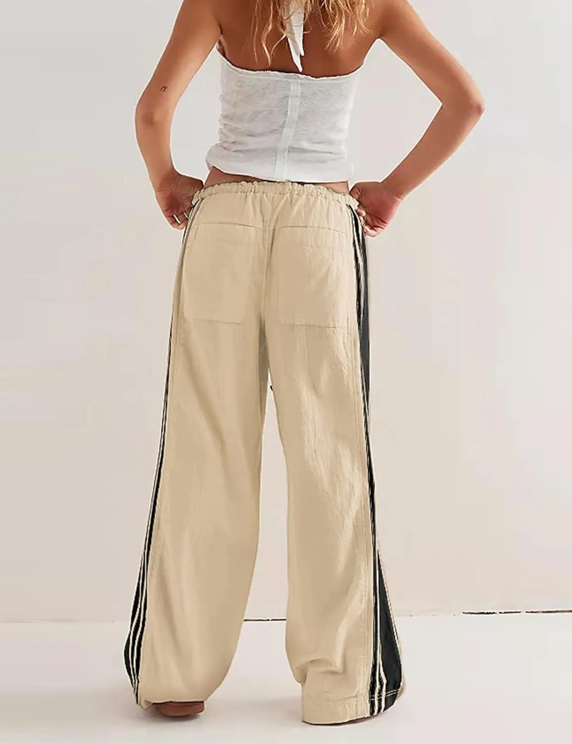 Wyeysyt Womens Wide Leg Pants Drawstring High Rise Palazzo Pants Side Striped Baggy Track Pants with Pockets