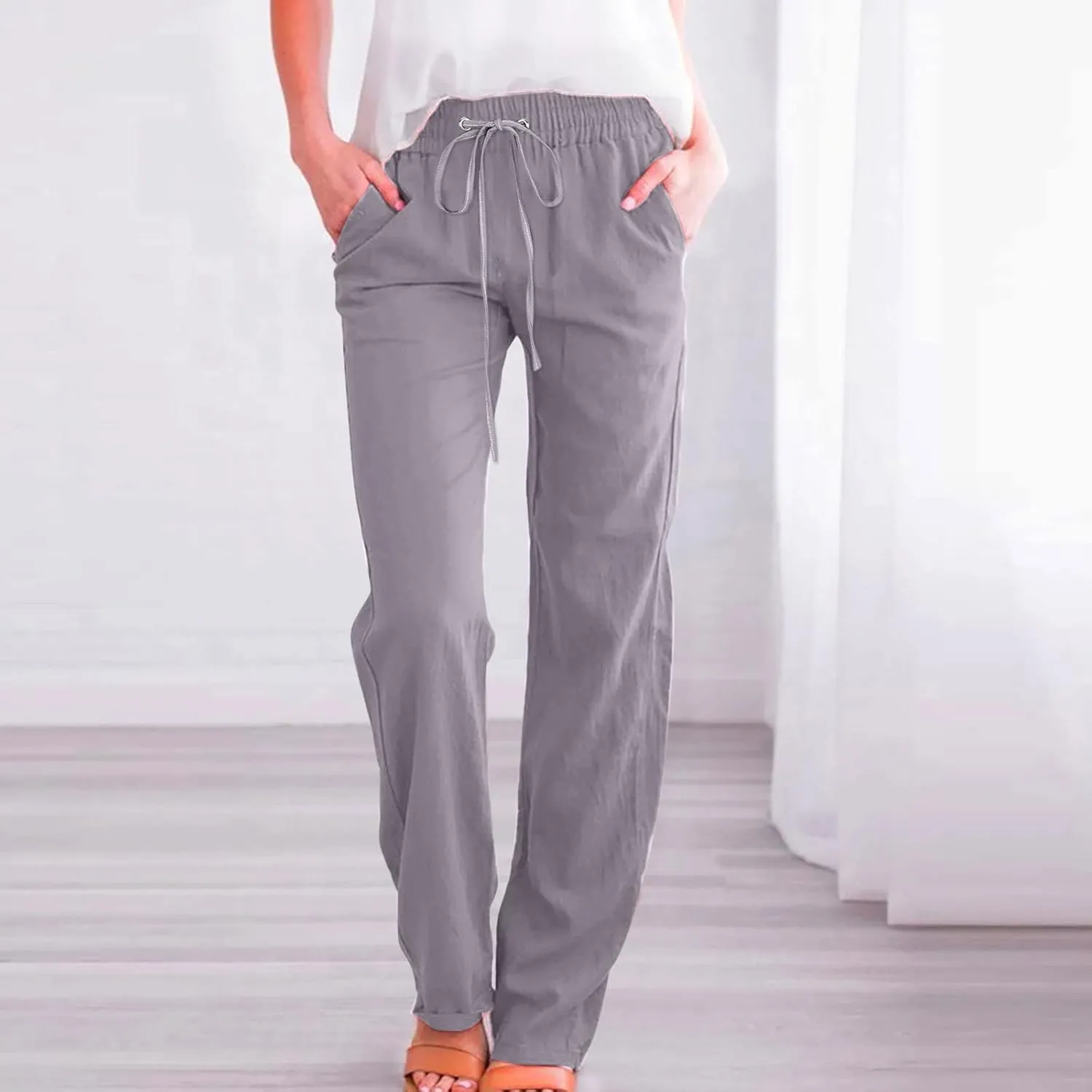 XUNRYAN Linen Pants Women Summer Drawstring Elastic High Waist Wide Leg Loose Fit Trousers Palazzo Lounge Pants w Pockets