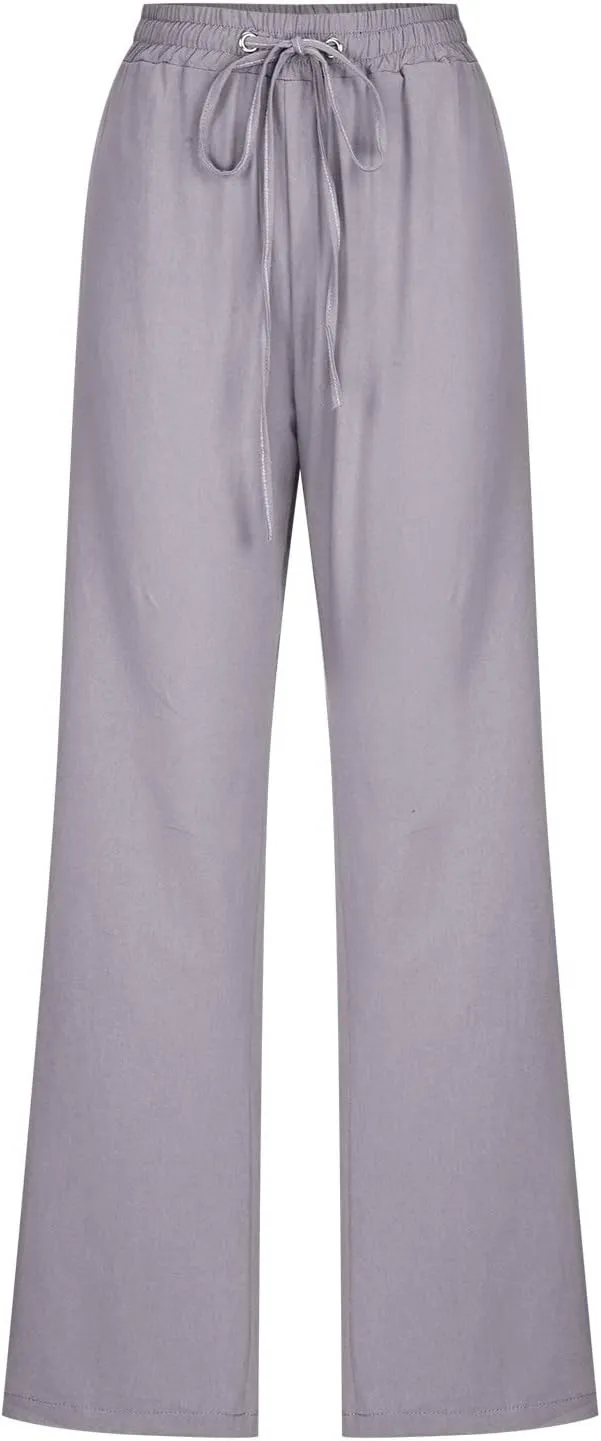 XUNRYAN Linen Pants Women Summer Drawstring Elastic High Waist Wide Leg Loose Fit Trousers Palazzo Lounge Pants w Pockets