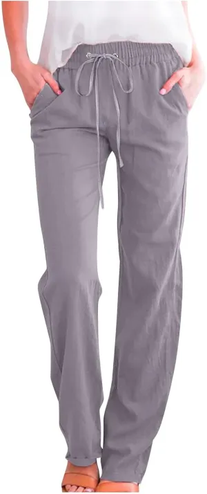 XUNRYAN Linen Pants Women Summer Drawstring Elastic High Waist Wide Leg Loose Fit Trousers Palazzo Lounge Pants w Pockets