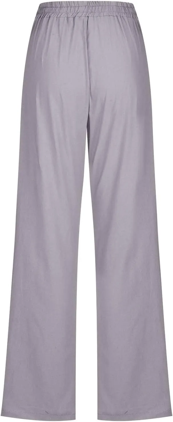 XUNRYAN Linen Pants Women Summer Drawstring Elastic High Waist Wide Leg Loose Fit Trousers Palazzo Lounge Pants w Pockets