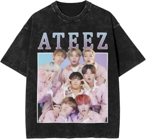 Yunho 90s ATEE-Z Kpop T-Shirt 100% Organic US Cotton  Hip Hop Washed Oversized Short Sleeve Tee, Unisex Streetwear Summer Top for Men & Women 12 / XL