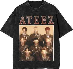 Yunho 90s ATEE-Z Kpop T-Shirt 100% Organic US Cotton  Hip Hop Washed Oversized Short Sleeve Tee, Unisex Streetwear Summer Top for Men & Women 13 / M